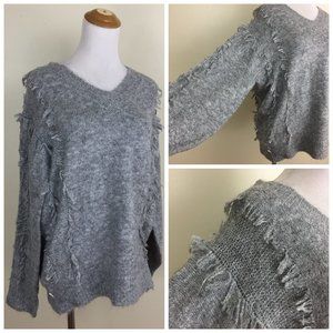 NWT EXCELLENTOP Gray Fringe V Neck Long Sleeve Sweater